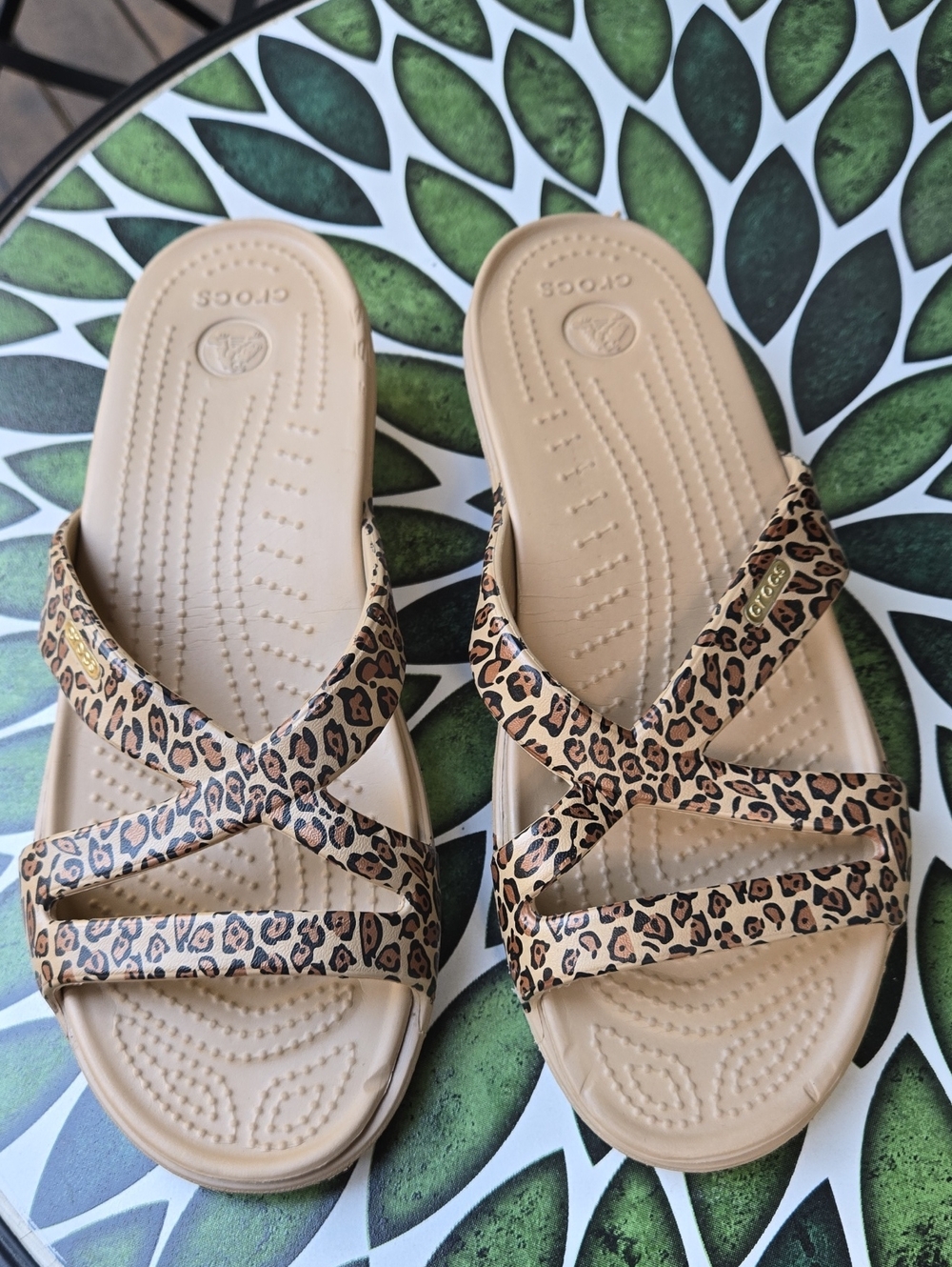 CROCS Women's Tan Leopard-Print Slide Sandals Size 10